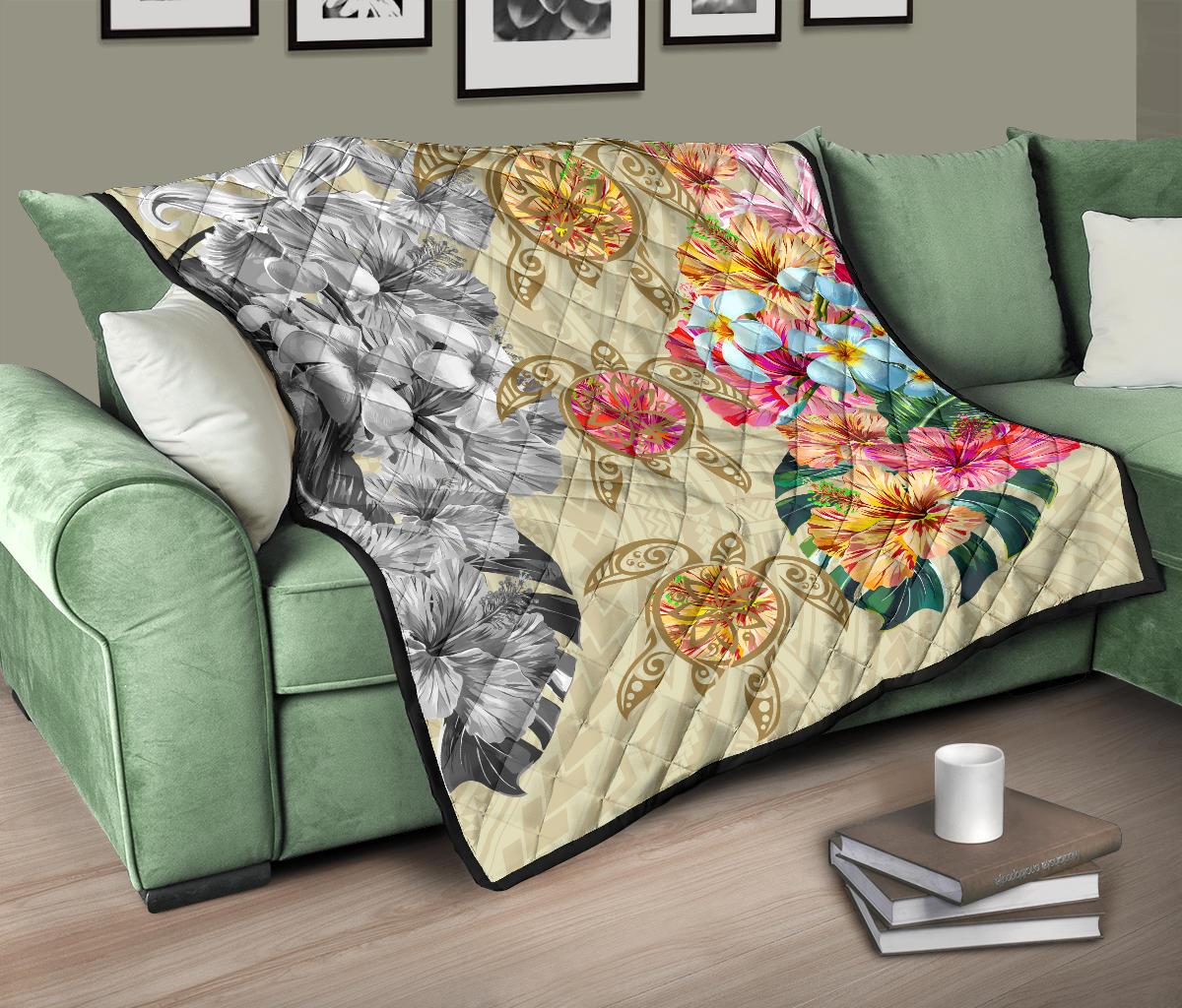 Hawaii Polynesian Flowers Swimming Turtles Premium Quilt - Polynesian Pride