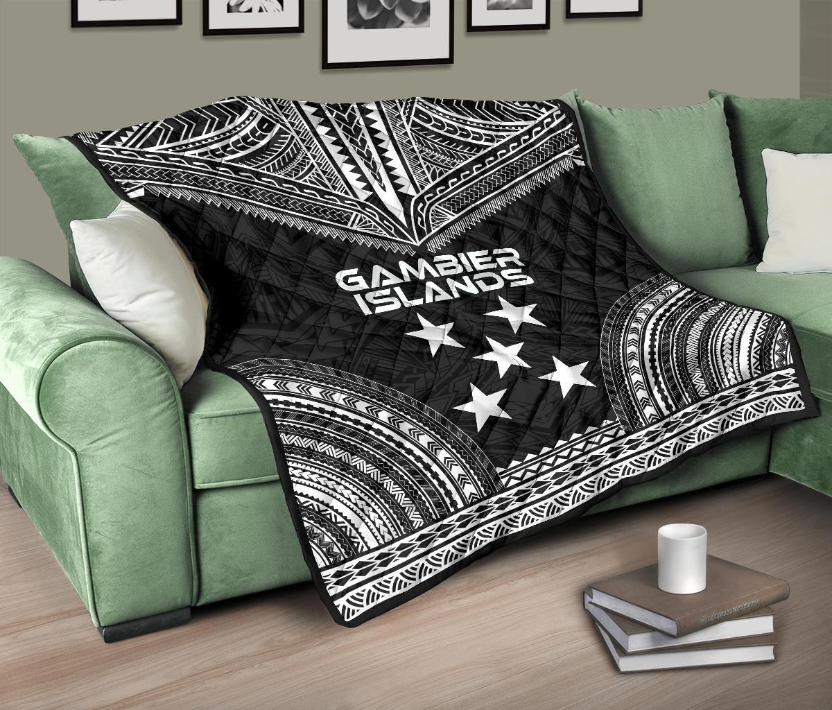 Gambier Islands Premium Quilt - Gambier Islands Flag Polynesian Chief Black Version - Polynesian Pride