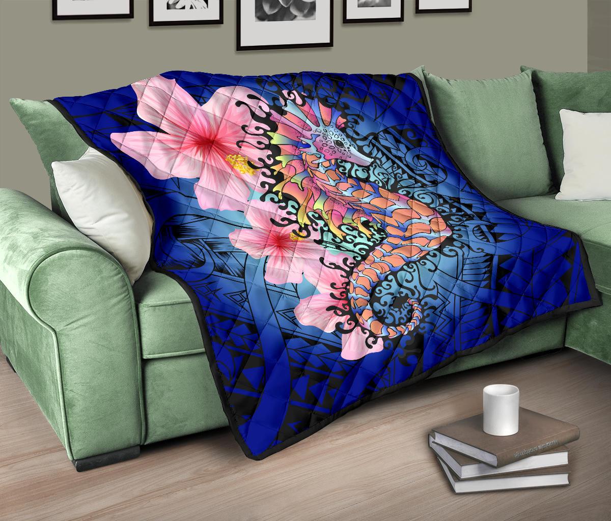 Hawaii Polynesian Pink Hibiscus Seahorse Premium Quilt - Polynesian Pride