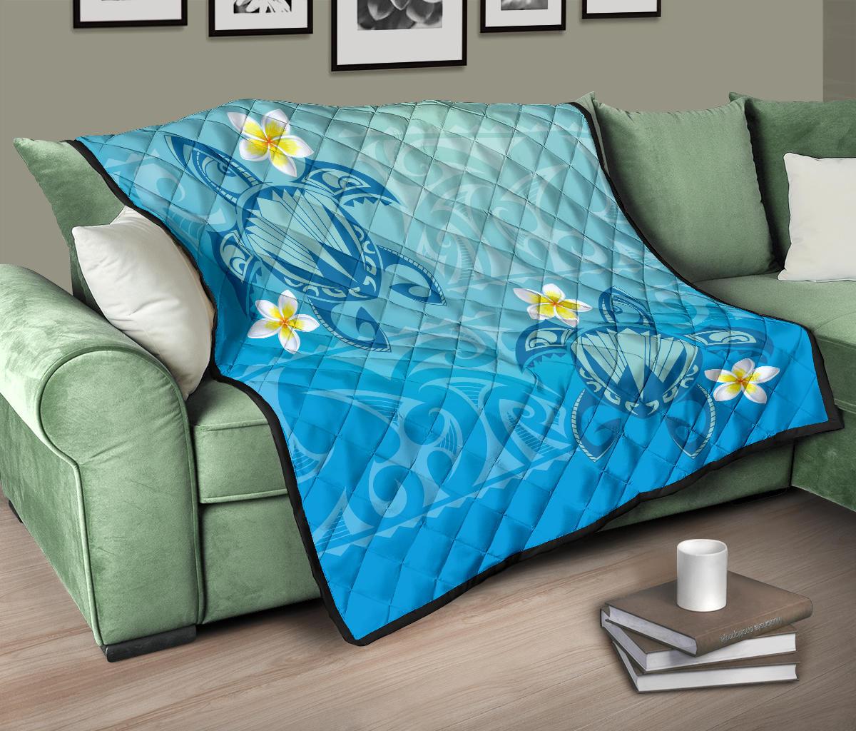 Hawaii Plumeria Deep Blue Turtle Premium Quilt - Polynesian Pride