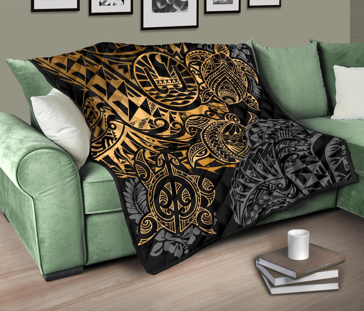 Tahiti Polynesian Premium Quilt - Gold Turtle HibiscusFlowing - Polynesian Pride