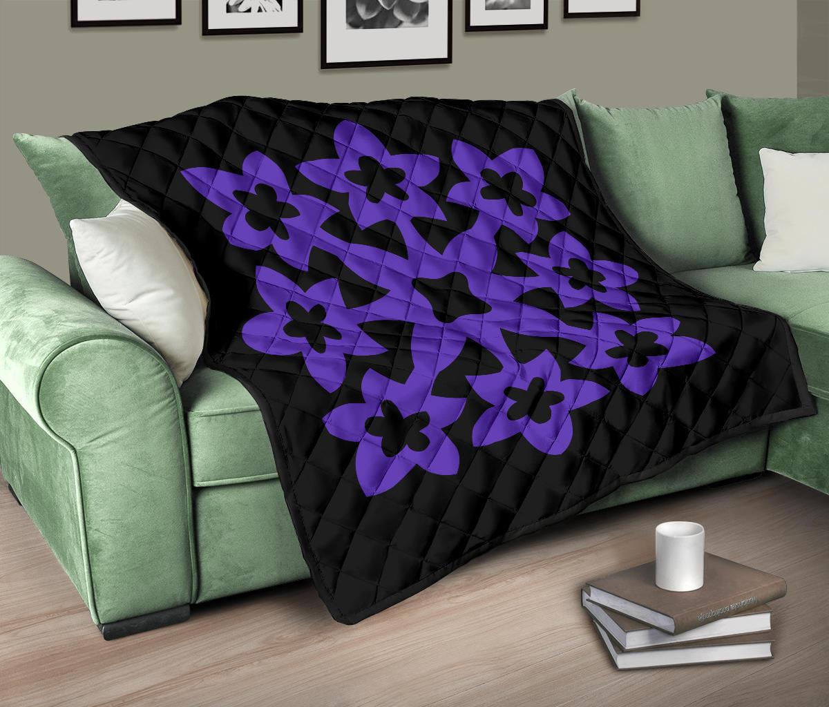 Hawaiian Premium Quilt Royal Pattern - Black And Purple - A1 Style - Polynesian Pride