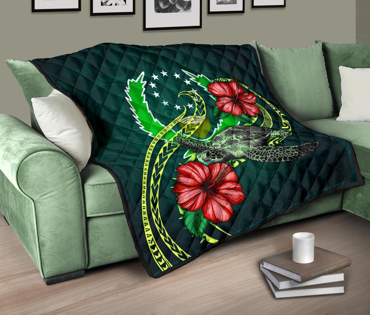 Pohnpei Polynesian Premium Quilt - Green Turtle Hibiscus - Polynesian Pride