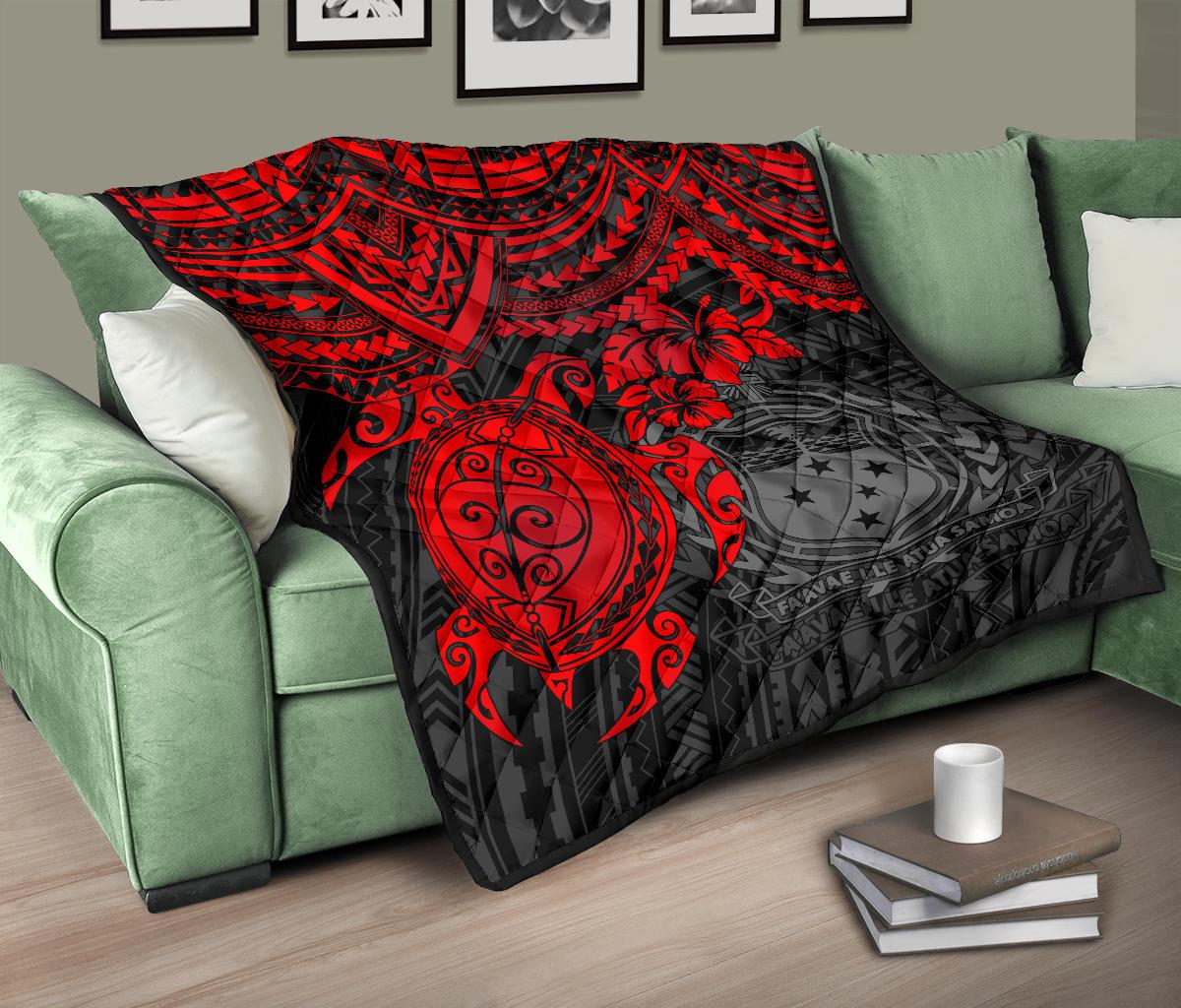 Samoa Polynesian Premium Quilt - Samoa Coat Of Arms & Red Turtle Hibiscus - Polynesian Pride