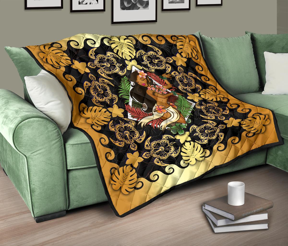 Hawaii Polynesian Premium Quilt - Hawaiian Dancing Girl Gold - Polynesian Pride