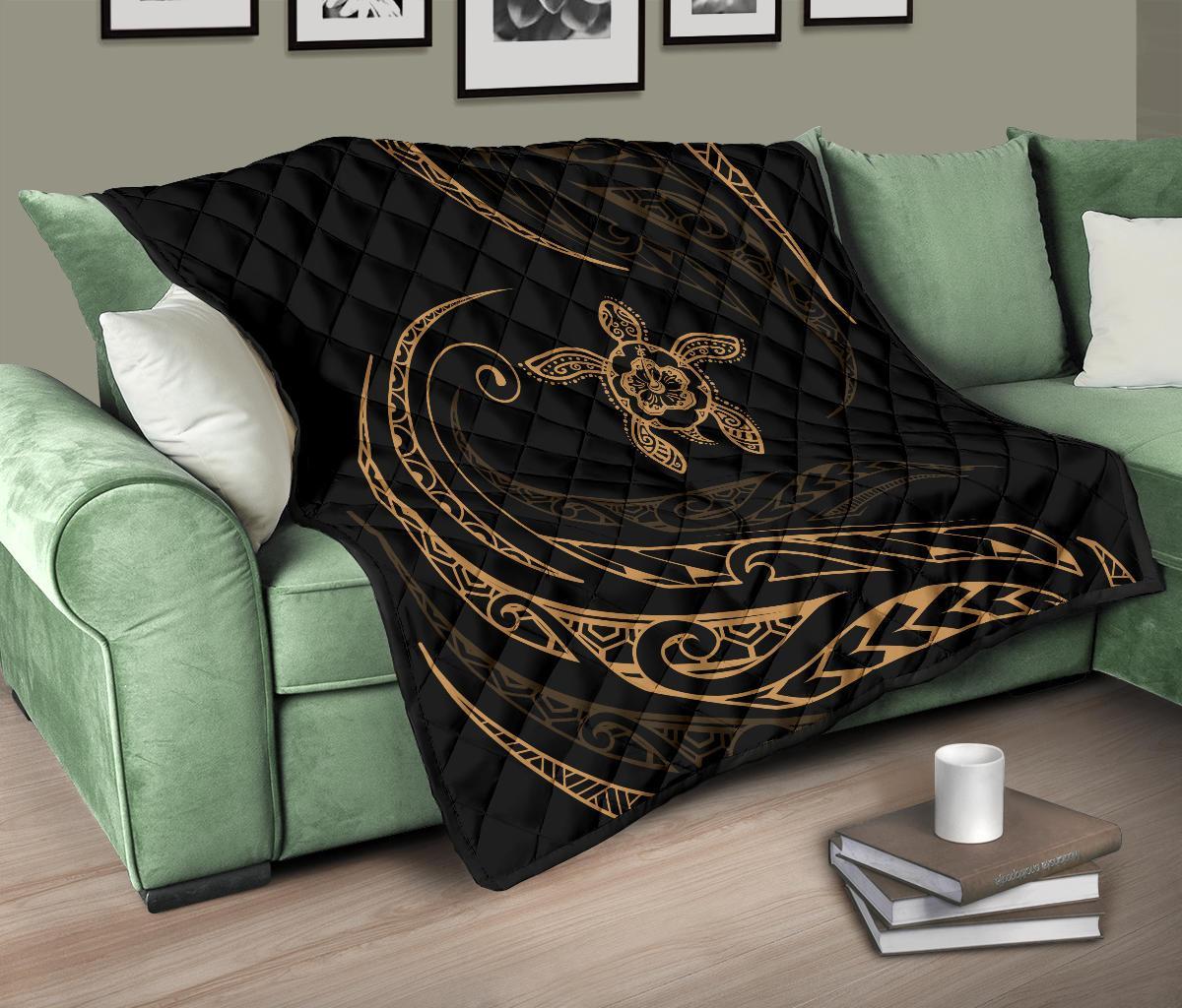 Hawaii Turtle Hibicus Premium Quilt - Frida Style - Gold - Polynesian Pride
