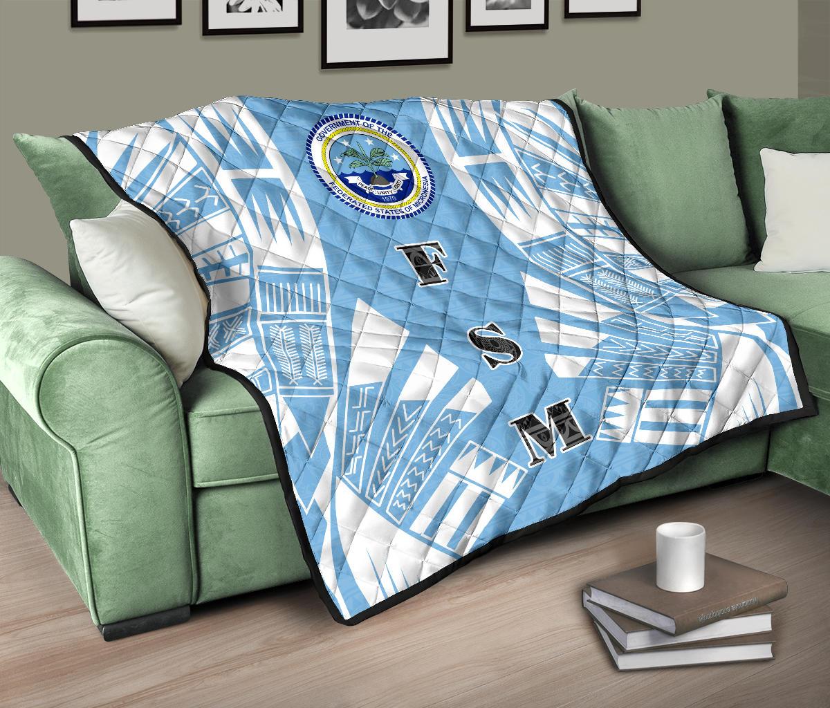 Federated States Of Micronesia Premium Quilt - Federated States Of Micronesia Seal Polynesian White Tattoo (Blue) - Polynesian Pride