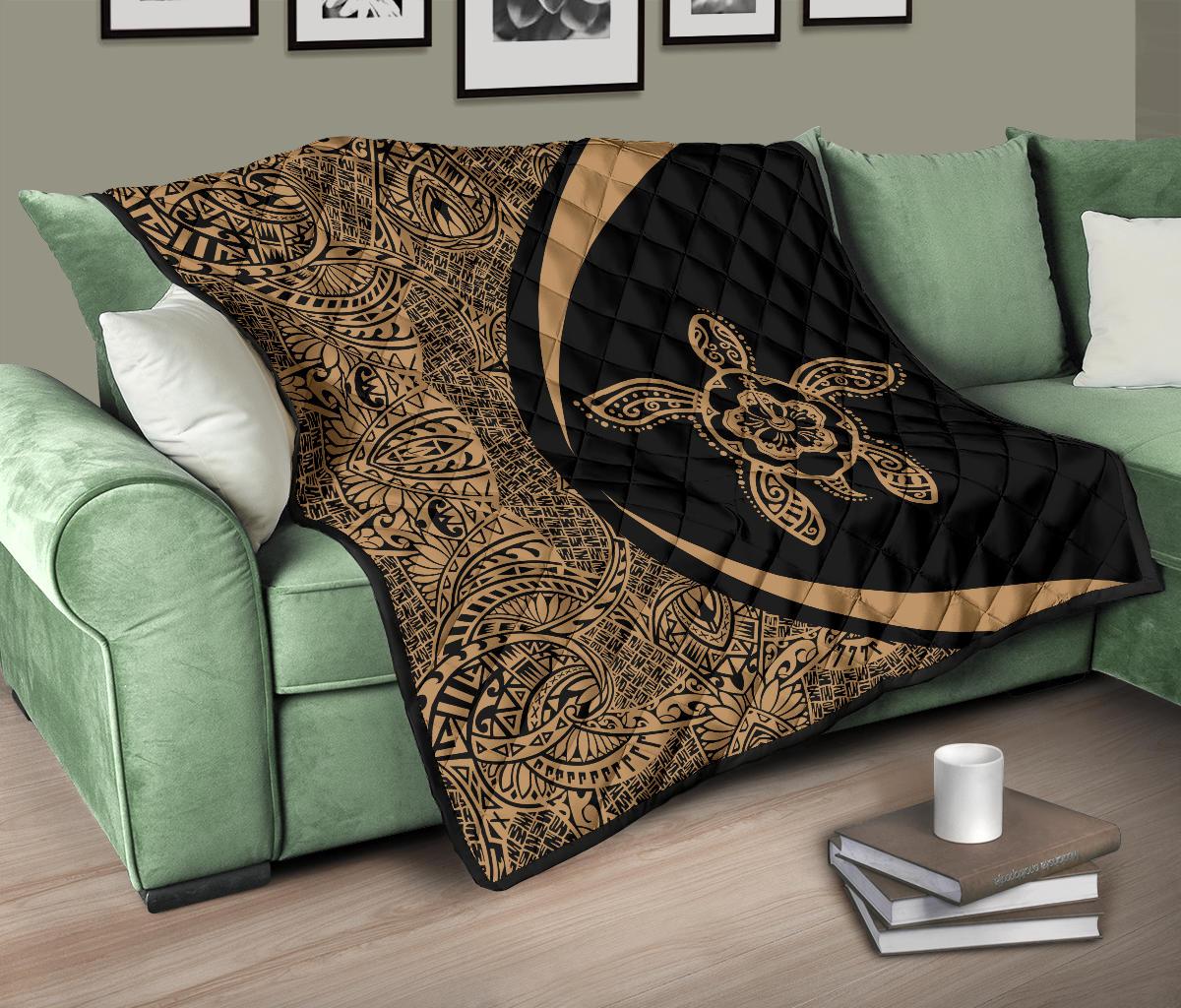 Hawaiian Hibiscus Turtle Polynesian Black Premium Quilt - Circle Style - Polynesian Pride