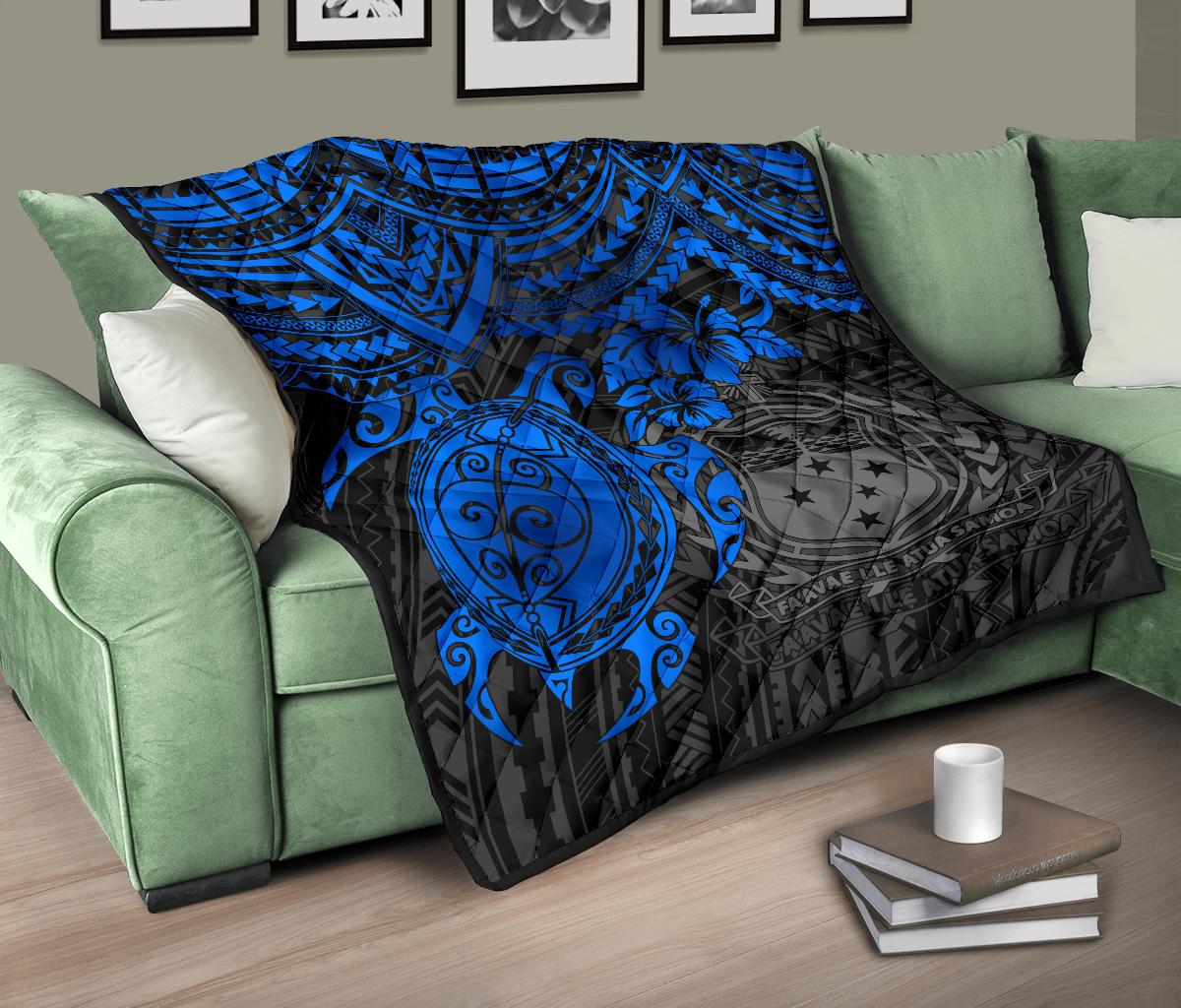 Samoa Polynesian Premium Quilt - Samoa Coat Of Arms & Blue Turtle Hibiscus - Polynesian Pride