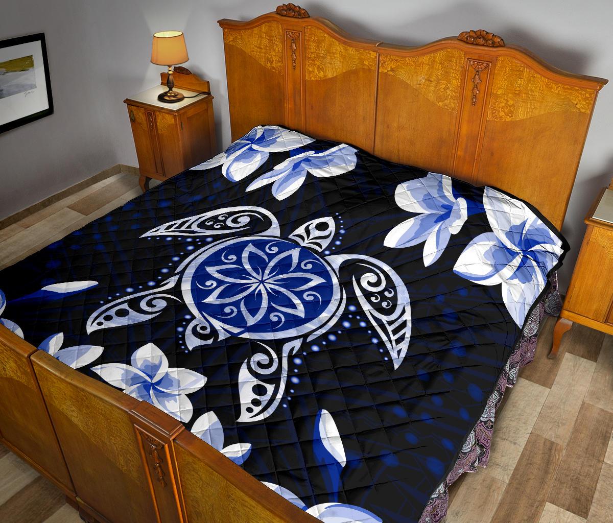 Hawaiian Icon Blue Turtle Plumeria Quilt - Polynesian Pride