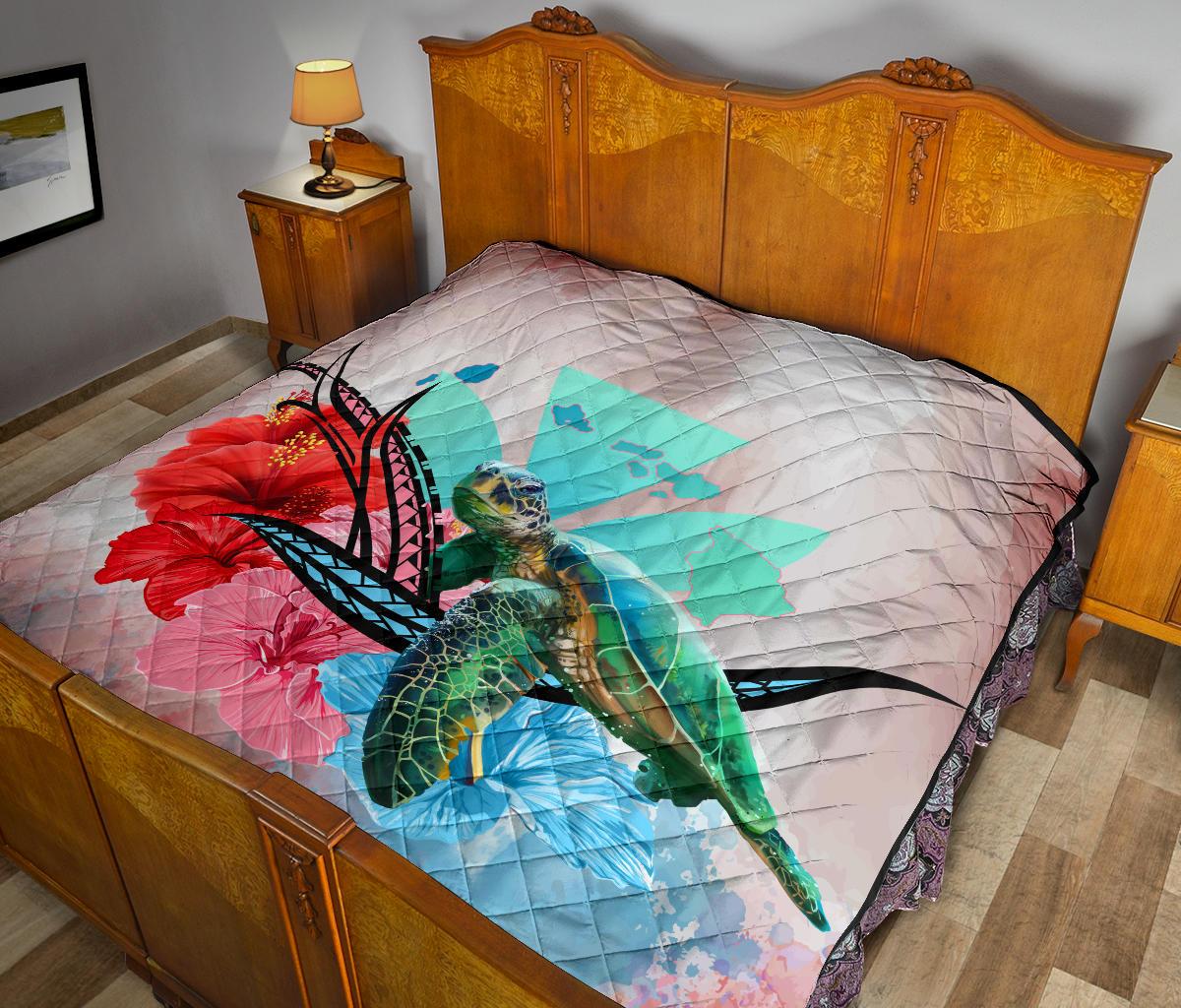 Hawaii Map Kanaka Sea Turtle Hibiscus Premium Quilt - AH - Blue Pink - Polynesian Pride