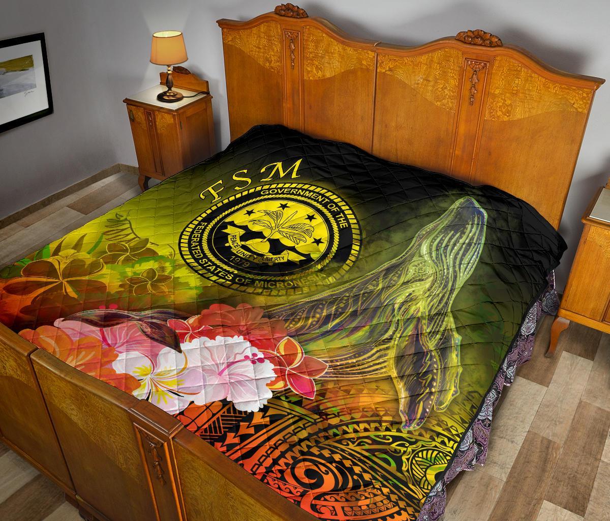 Federated States of Micronesia Premium Quilts - Humpback Whale with Tropical Flowers (Yellow) - Polynesian Pride
