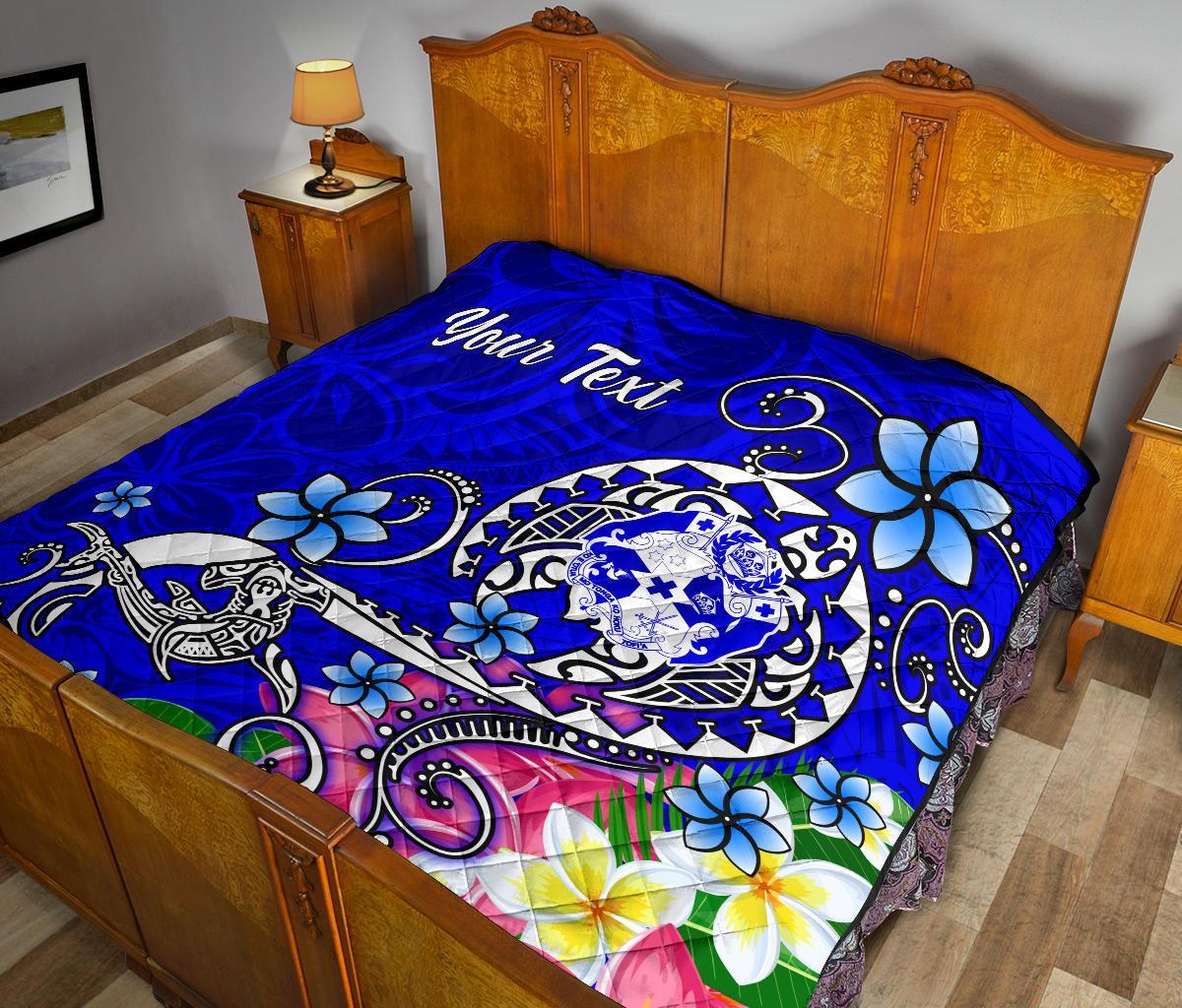 Tonga Custom Personalised Premium Quilt - Turtle Plumeria (Blue) - Polynesian Pride