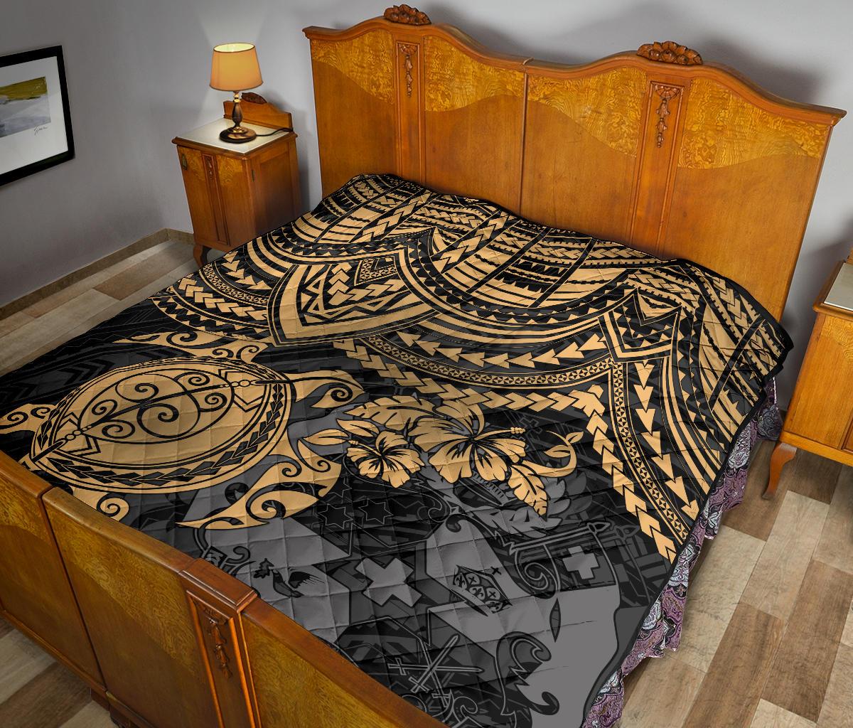 Tonga Polynesian Premium Quilts - Tonga Coat Of Arms & Golden Turtle Hibiscus - Polynesian Pride