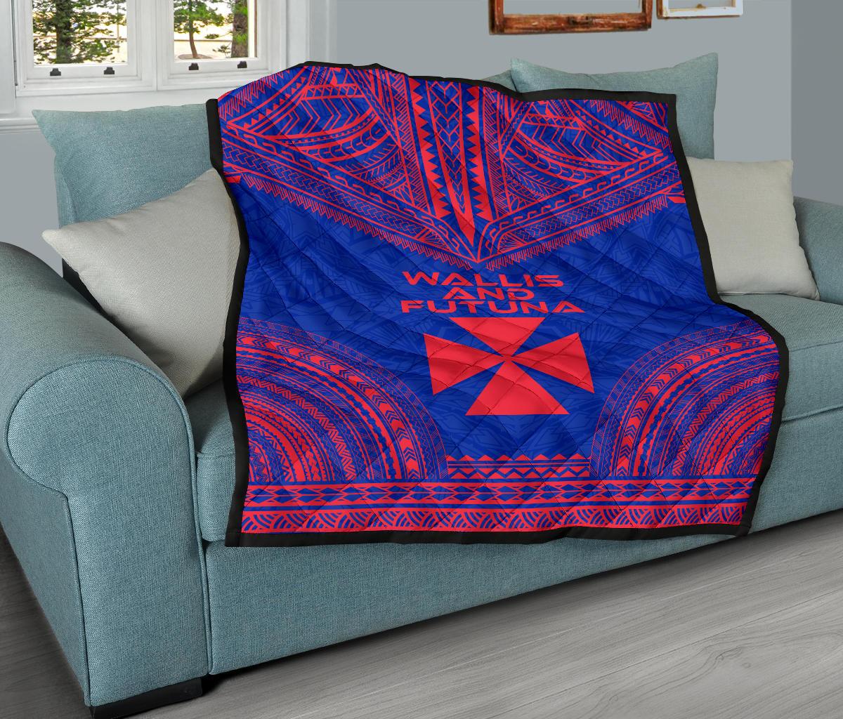 Wallis And Futuna Premium Quilt - Wallis And Futuna Coat Of Arms Polynesian Chief Dark BLue Version - Polynesian Pride