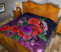 Polynesian Premium Quilt - Purple Hibiscus Turtle Flowing - Polynesian Pride