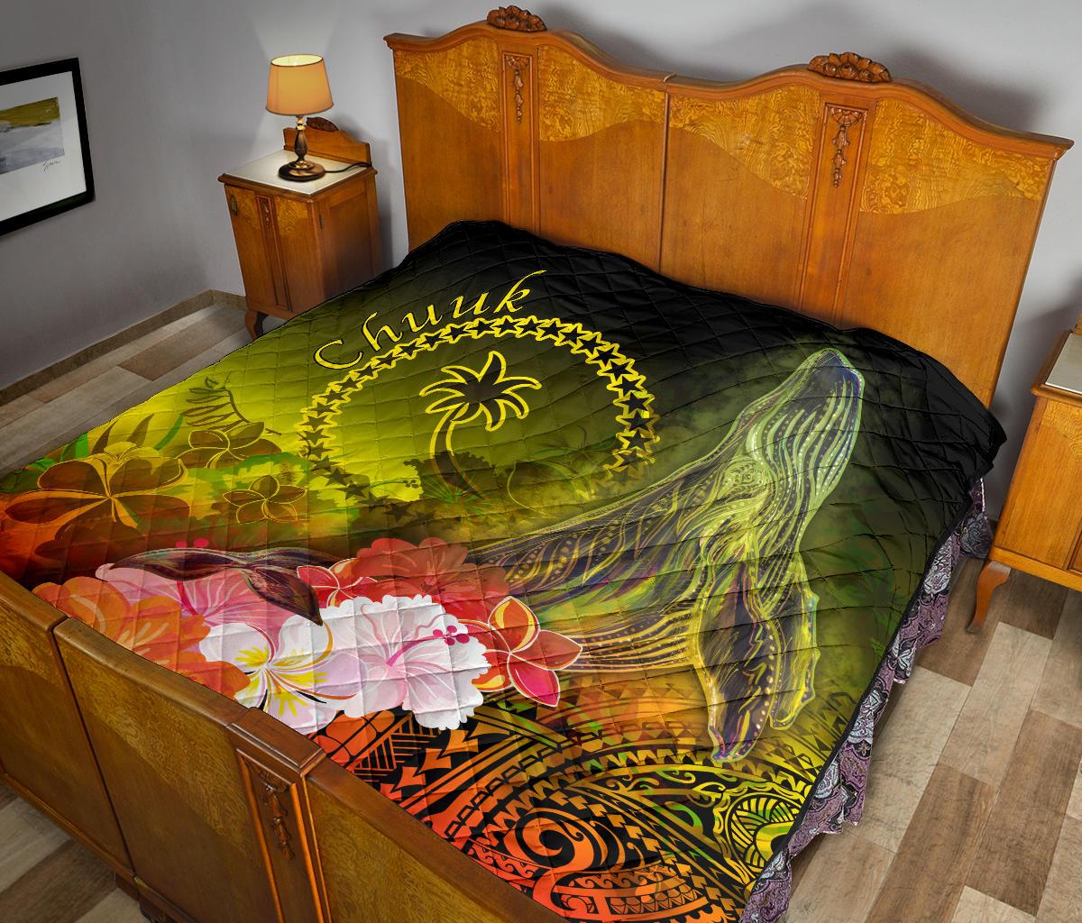 Chuuk Premium Quilt - Humpback Whale with Tropical Flowers (Yellow) - Polynesian Pride