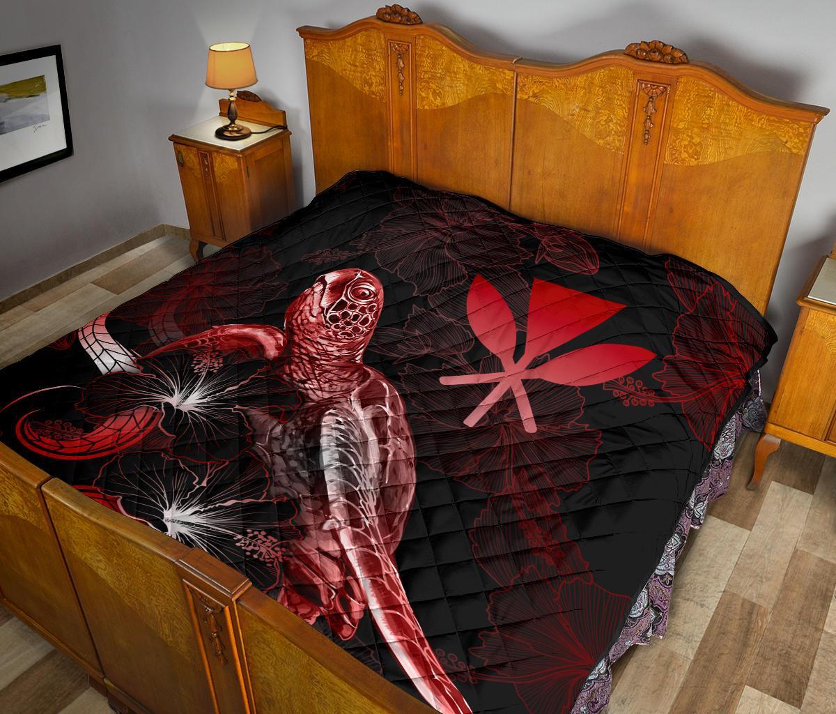 Hawaii Polynesian Premium Quilt - Turtle With Blooming Hibiscus Red - Polynesian Pride