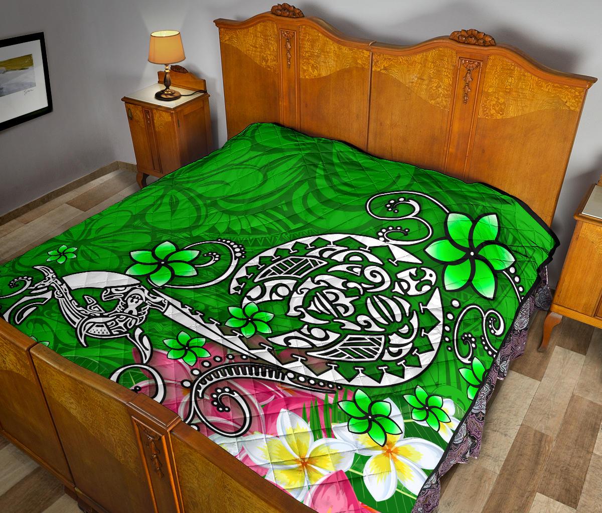 Polynesian Premium Quilt - Turtle Plumeria Green Color - Polynesian Pride