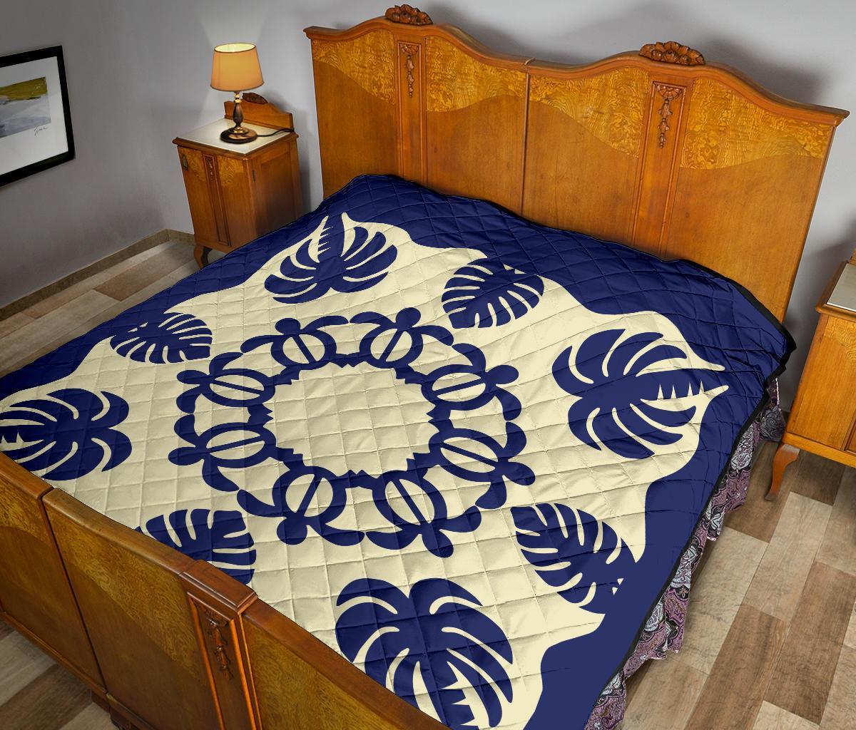 Hawaiian Turtle Coconut Pattern Premium Quilt - Blue - Argu Style - AH - Polynesian Pride