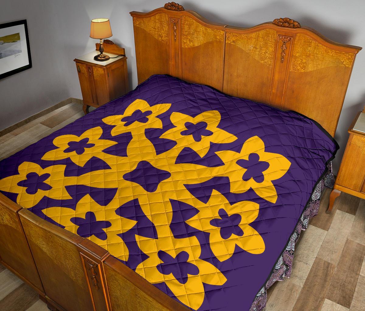 Hawaiian Premium Quilt Royal Pattern - Purple And Gold - A1 Style - Polynesian Pride