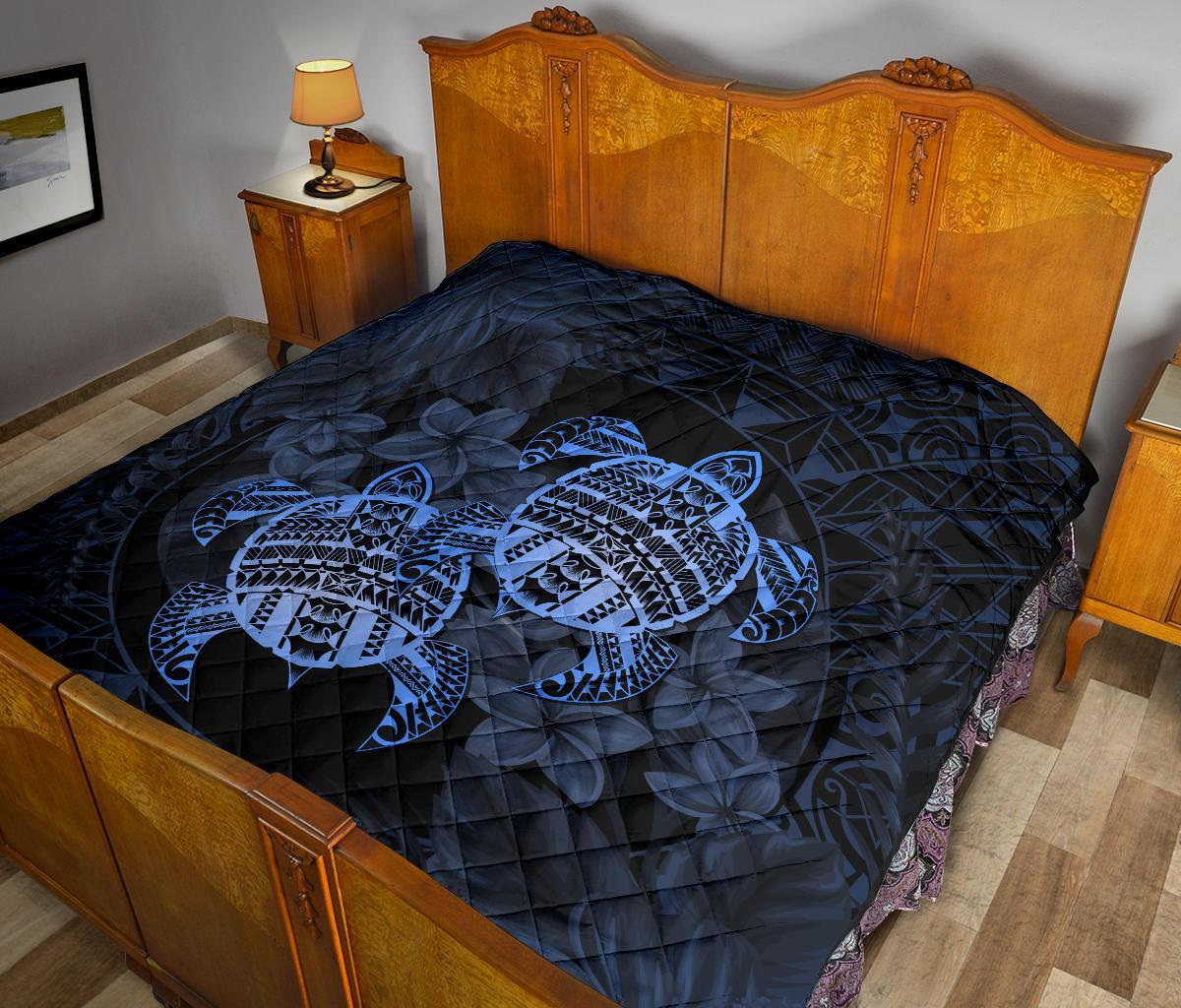 Hawaii Premium Quilt - Turtle Strong Pattern Hibiscus Plumeria Blue AH - Polynesian Pride