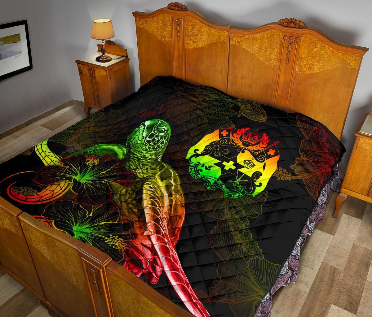 Tonga Polynesian Premium Quilt - Turtle With Blooming Hibiscus Reggae - Polynesian Pride