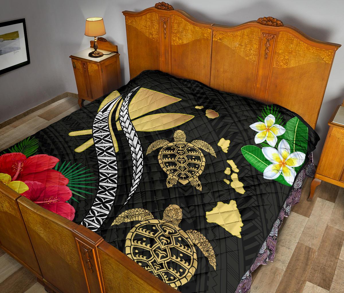 Hawaii Map Turtle Hibiscus Plumeria Polynesian - Premium Quilt AH - Polynesian Pride