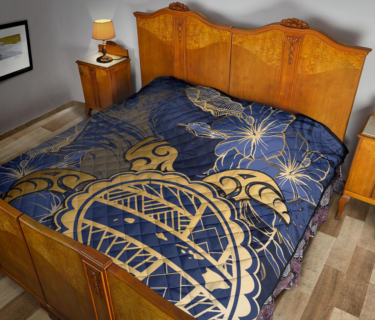 Hawaii Turtle Hibiscus Gold Premium Quilt - Kyn Style - Polynesian Pride