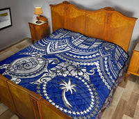 Chuuk Polynesian Premium Quilt - Chuuk Flag & White Turtle Hibiscus (Blue) - Polynesian Pride