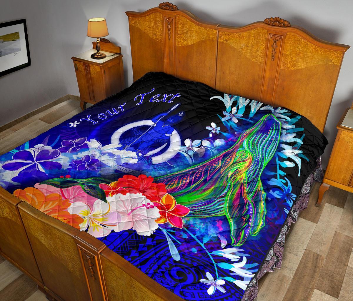 Vanuatu Custom Personalised Premium Quilt - Humpback Whale with Tropical Flowers (Blue) - Polynesian Pride