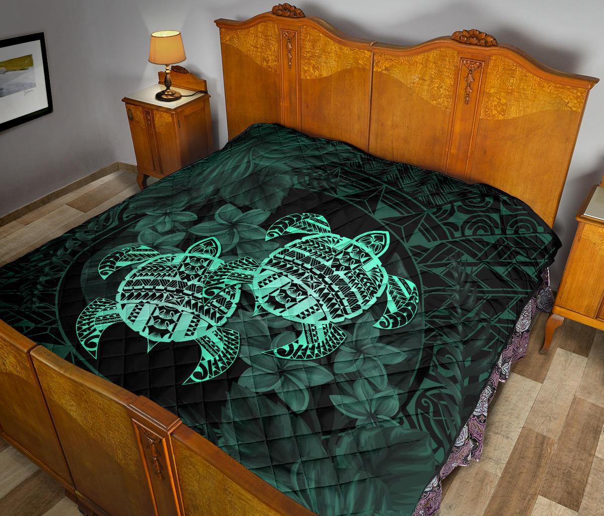Hawaii Premium Quilt - Turtle Strong Pattern Hibiscus Plumeria Turquoise AH - Polynesian Pride