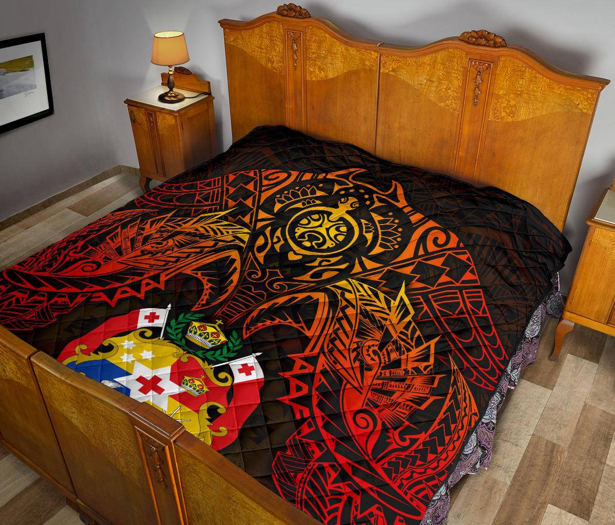 Tonga Polynesian Premium Quilt - Tonga Coat Of Arms & Red Manta Ray - Polynesian Pride