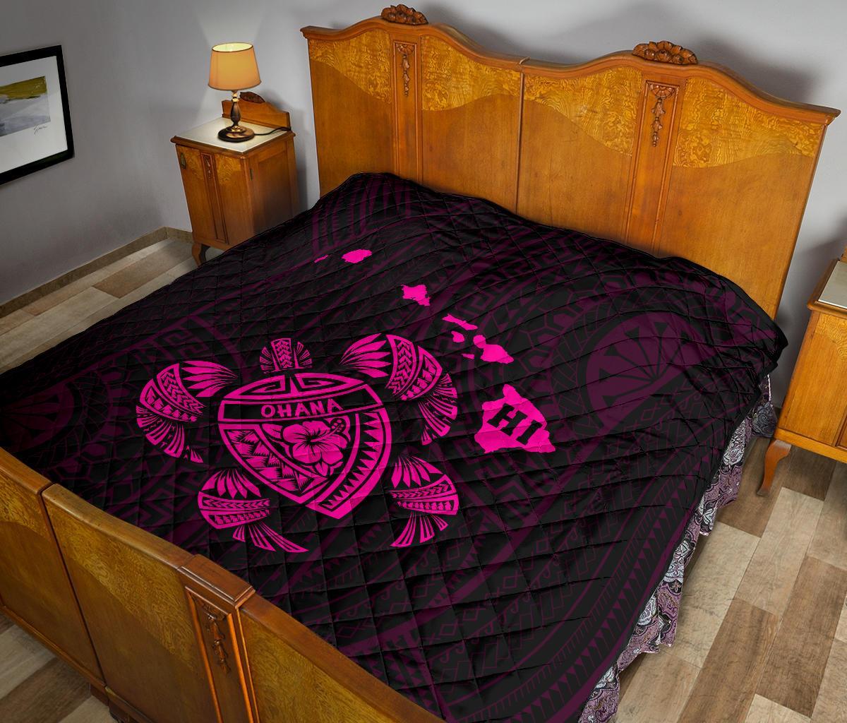 Hawaii Turtle Hibicus Map Premium Quilt - Pink - Polynesian Pride