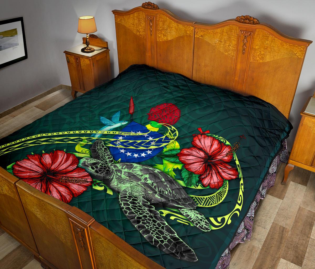 Cook Islands Polynesian Premium Quilt - Green Turtle Hibiscus - Polynesian Pride