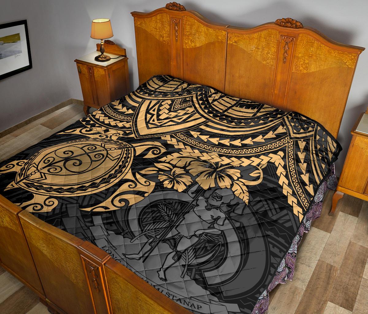 Vanuatu Polynesian Premium Quilt - Vanuatu Coat Of Arms & Gold Turtle Hibiscus - Polynesian Pride