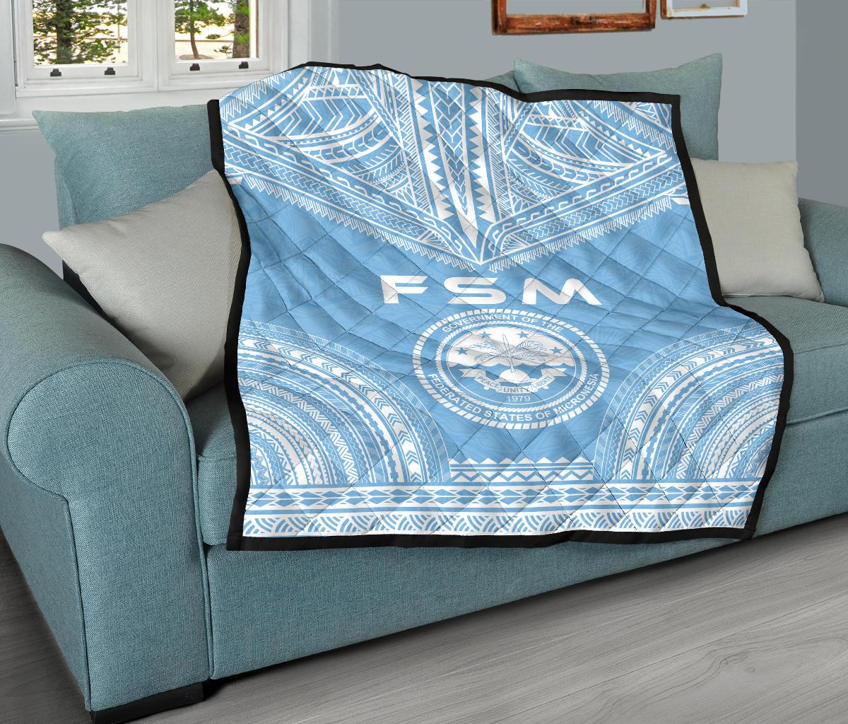 Federated States Of Micronesia Premium Quilt - FSM Seal Polynesian Chief Light Blue Version - Polynesian Pride