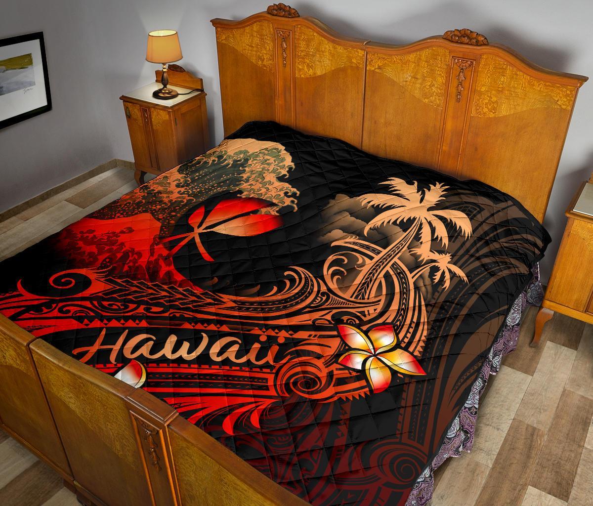 Hawaii Polynesian Premium Quilt - Plumeria Flowers And Waves - Polynesian Pride