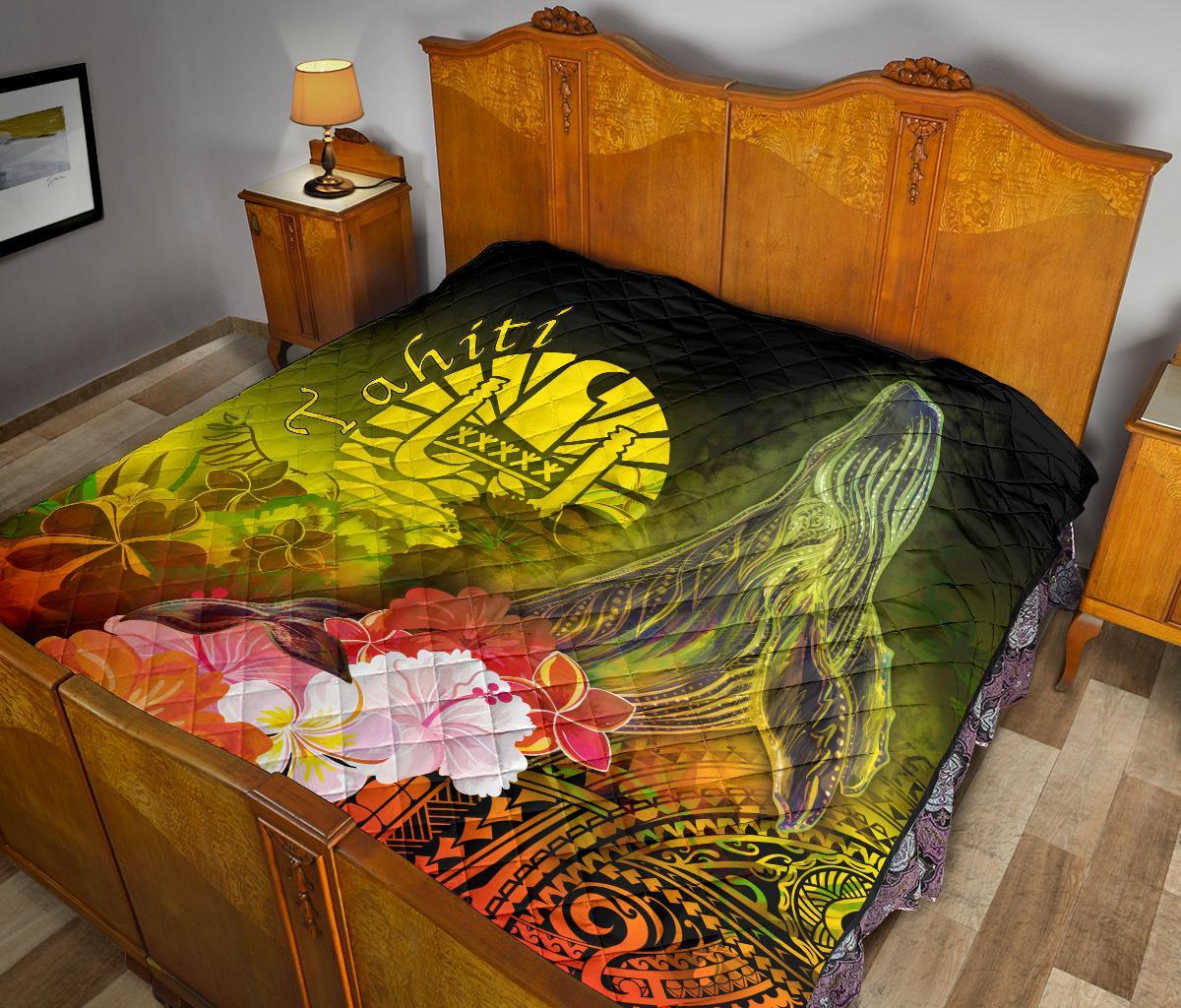 Tahiti Premium Quilt - Humpback Whale with Tropical Flowers (Yellow) - Polynesian Pride