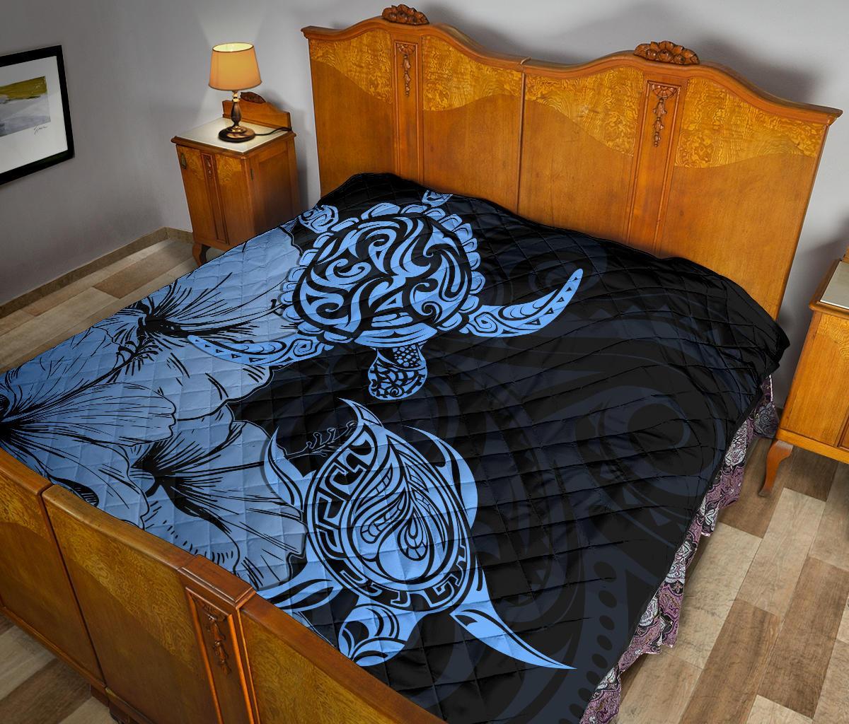 Hawaii Turtle Premium Quilt Polynesian Hibiscus Art Blue AH - Polynesian Pride