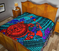 Hawaii Polynesian Premium Quilt - Hawaii Red Turtle Map & Purple Hibiscus - Polynesian Pride