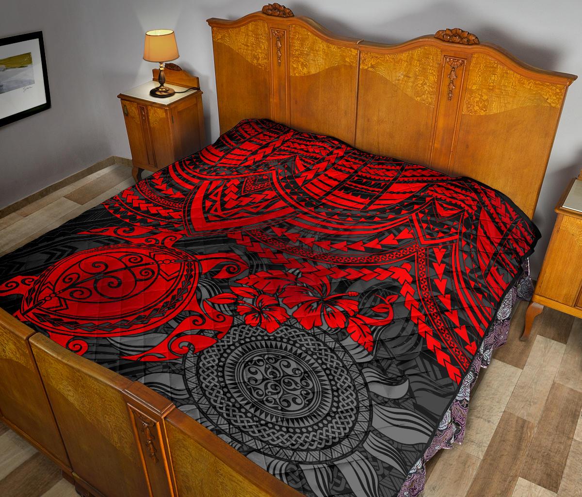 Polynesian Premium Quilt - Polynesian Red Turtle Hibiscus - Polynesian Pride