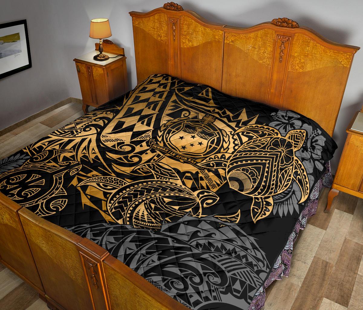 Samoa Polynesian Premium Quilt - Gold Turtle Flowing - Polynesian Pride