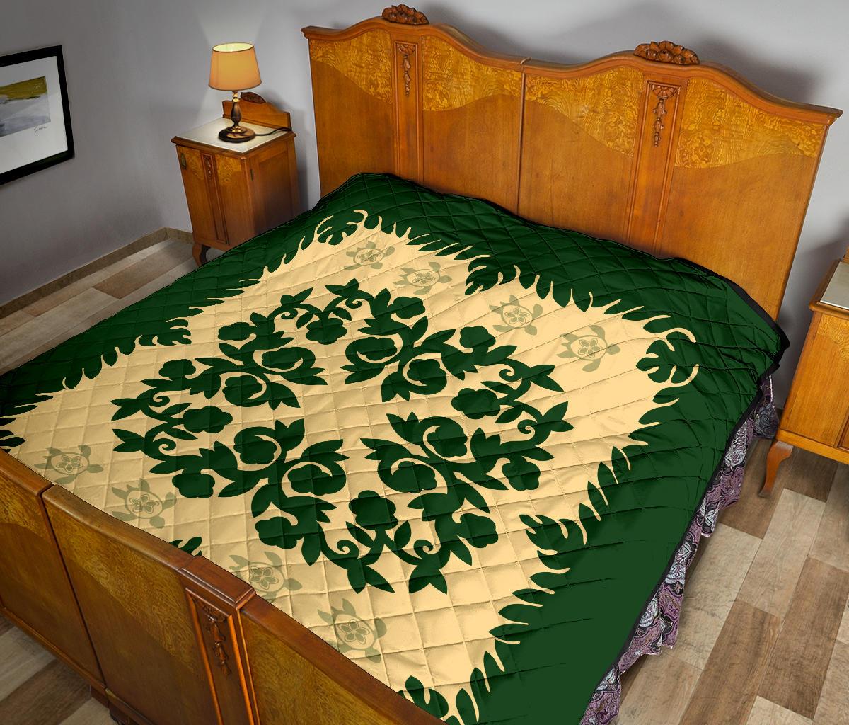 Hawaii Premium Quilt - Hawaiian Quilt Plumeria Medallion Green Premium Quilt - AH - Polynesian Pride