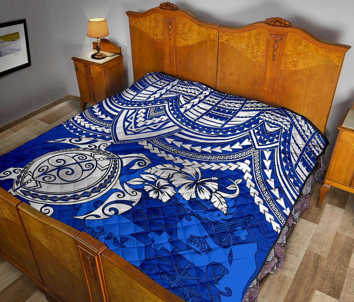 Tonga Polynesian Premium Quilts - Tonga Coat Of Arms & Blue Turtle Hibiscus - Polynesian Pride