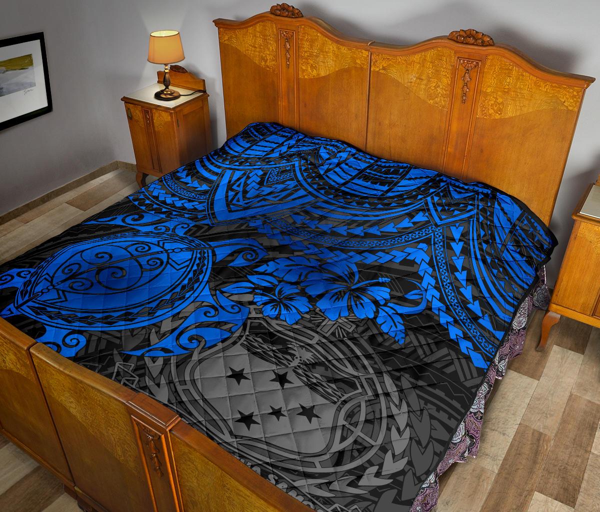 Samoa Polynesian Premium Quilt - Samoa Coat Of Arms & Blue Turtle Hibiscus - Polynesian Pride