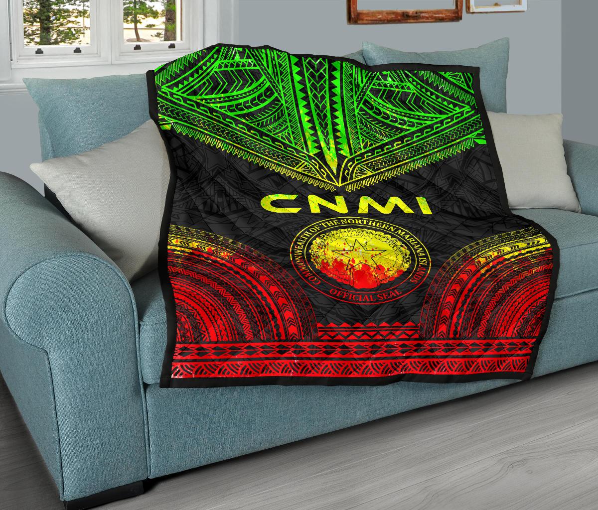 Northern Mariana Islands Premium Quilt - CNMI Seal Polynesian Chief Reggae Version - Polynesian Pride