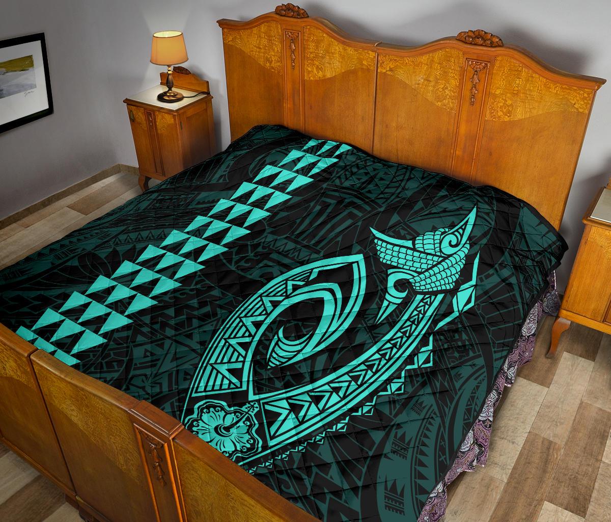 Hawaii Kakau Makau Fish Hook Polynesian Premium Quilt - Turquoise - Polynesian Pride