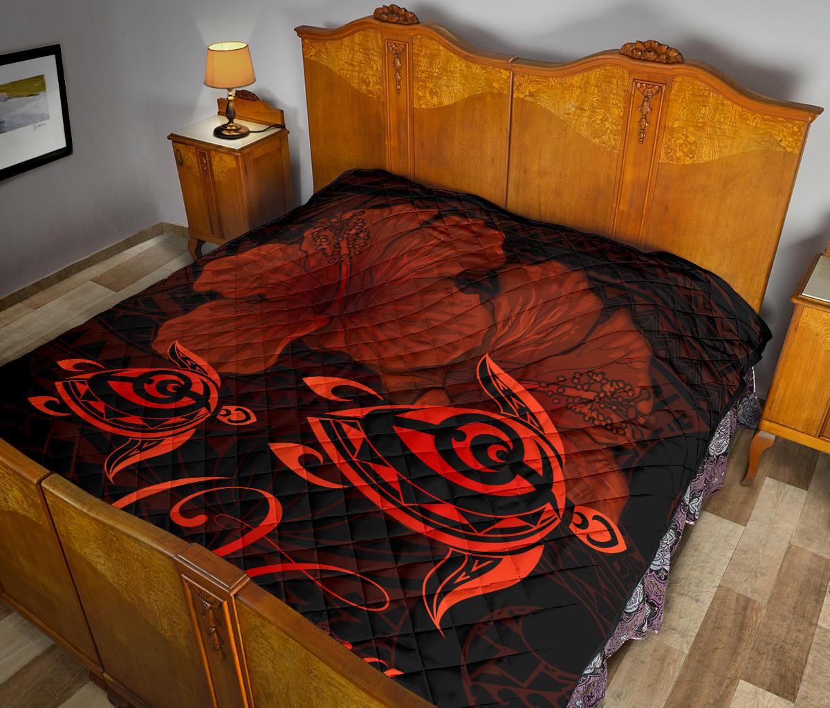 Hawaii Turtle Ohana Hibiscus Poly Premium Quilt Red - Polynesian Pride