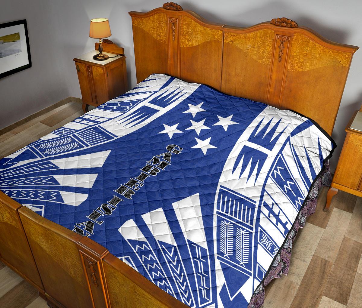 Gambier Islands Premium Quilt - Gambier Islands Flag Polynesian White Tattoo (Blue) - Polynesian Pride
